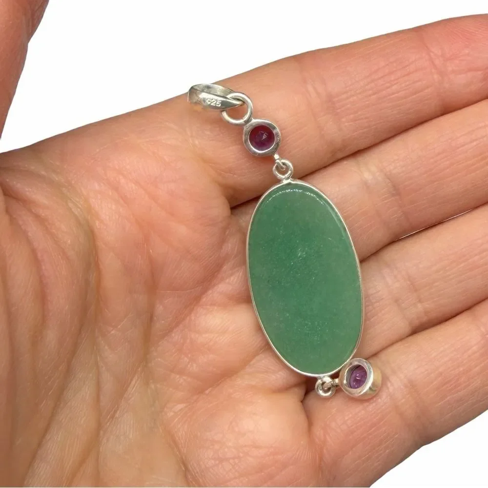 Green Aventurine & Amethyst Necklace Pendant Solid 925 Sterling Silver